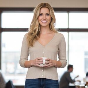 Gap V-neck Tan Long-Sleeved Sweater, Front Buttons, Pima Cotton Blend, Size Med